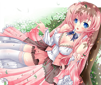 Pretty Dress with Stockings, white, dark green, cute, sockings, pink hair, orange, dress, pink gress, pink, sitting, pretty, echi, green, red, white stockings HD wallpaper