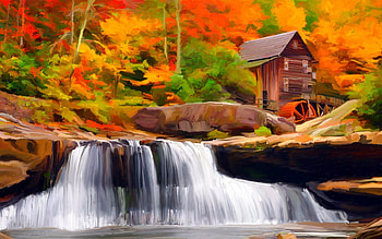 Beautiful waterfalls, autumn, waterfalls, painting, house HD wallpaper