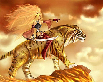 Warrior And Tiger, sword, tiger, riding, fire, woman HD wallpaper