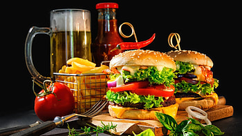 Fast food , Junk food indulgence, Hamburger and beer, Finger-licking HD wallpaper
