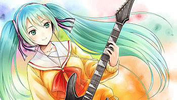 Hatsune Miku, awesome, song, uniform, guitar, cute, vocaloid, school uniform, beauty, nice, band, miku, music, vocaloids, hatsune, aqua eyes, school, program, twintail, girl, singer, aqua, beautiful, diva, orange, anime, pretty, aqua hair, red, cool, idol, virtual HD wallpaper