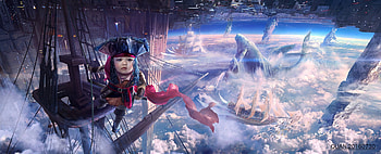 Young pirate, young, girl, chikd, blue, quan shengwu, ship, pirate, view from the top, pink, fantasy, sky, cloud HD wallpaper