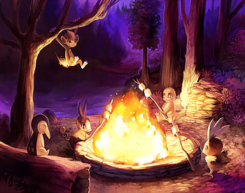 POkemon, night, purple kecleon, tepig, torch, forest, tree HD wallpaper