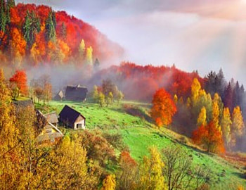 Landscape of mountain village, Village, House, Autumn, Morning, Trees HD wallpaper