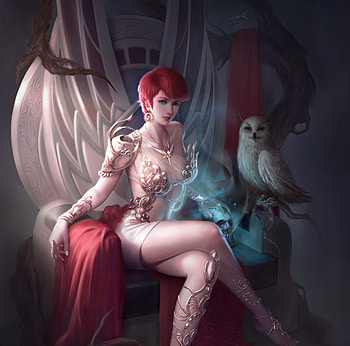 Fantasy girl, redhead, girl, pasari, owl, satan, satanart, art, bird, throne, fantasy, bufnita, queen HD wallpaper