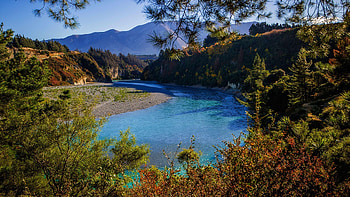 Rakaia Gorge - New Zealand, river, trees, sky, mountains, pond HD wallpaper
