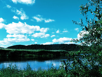 Strange World 7, blue, sky, lake, green HD wallpaper