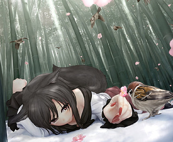 Bamboo Forest, scen, bamboo, beauty, scenery, flower, scenic, cherry blossom, laying, lay, female, bird, imaizumi kagerou, girl, beautiful, anime girl, anime, sakura, touhou, sakura blossom, forest, realistic HD wallpaper