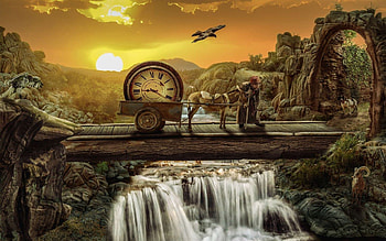 Bridge of Time, river, digital, art, waterfall, landscape, clock, mountains HD wallpaper