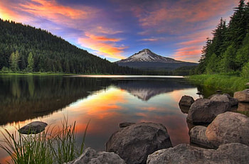 Sunset, reflection, nature, mountains, splendor, lake, stones HD wallpaper