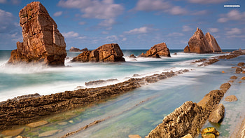 amazing misty rocky shore, mist, sea, shore, rocks HD wallpaper