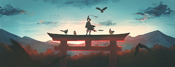 Anime, sunset, boy and birds, art HD wallpaper
