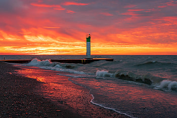 Nature, Sunset, Sea, Waves, Beach, Lighthouse HD wallpaper