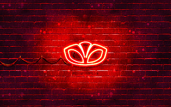 Daewoo red logo, , red brickwall, Daewoo logo, cars brands, Daewoo neon logo, Daewoo HD wallpaper