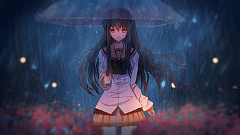 Anime girl in rain, with umbrella, art HD wallpaper