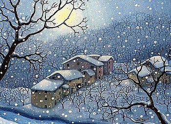 Marino di Fazio (Italy), winter, art, marino di fazio, painting, moon, snow, nature, village, ice HD wallpaper