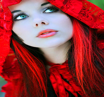 Hood of red, red lips, hood, red, red hair, beauty HD wallpaper