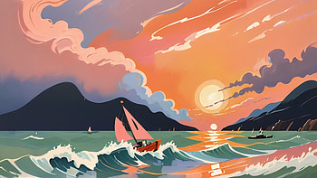 Sunset Drawing, sunset, wave, sea, ocean, sky, Ocean Waves HD wallpaper