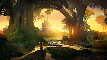 Stag at Sunrise Before the Enchanted Castle — Fantasy Landscape, deer, fantasy, castle, artistic, landscape, fantasy landscape HD wallpaper