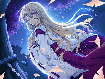 Saginomiya Hiori, night, kimono, blonde, anime, petals, girl, long hair HD wallpaper