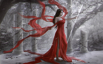 Red Sonya, Warrior, woods, Crown, Fantasy, lady, magical, red, dreamy, gown, ethereal, lovely HD wallpaper