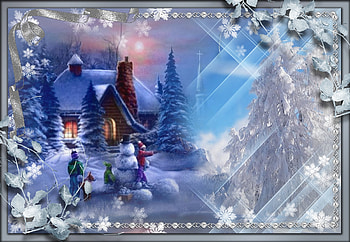 Winter's Magic, pastel, sweet, winter, children, art, house, soft, snowman, digital, snowflakes, painting, abstract, snow, Holidays, evening HD wallpaper