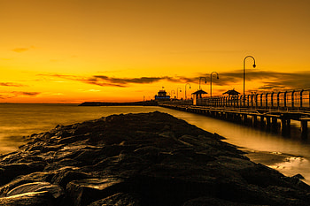Nature, Sunset, Lights, Rocks, Lanterns, Bridge HD wallpaper