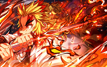 Kyojuro Rengoku, battle, Demon Hunter, sword, fire flames, Rengoku Kyojuro, Kimetsu no Yaiba, samurai, Kyojuro Rengoku Demon Slayer, manga, Demon Slayer HD wallpaper