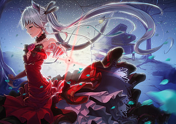 Kagarino Kirie, night, orginal, piano, red, game, girl, long hair, vampire HD wallpaper