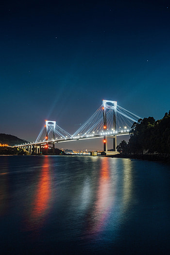 Night, coast, lights on bridge HD phone wallpaper