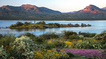 Roosevelt Lake at Sunset in the Springtime, island, hills, arizona, clouds, sky, usa HD wallpaper