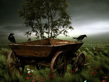Gloomy afternoon, birds, art, grass, cart, tree HD wallpaper