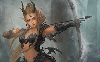 Demon, black, horns, art, archer, girl, elf, woman, fantasy, arrow HD wallpaper