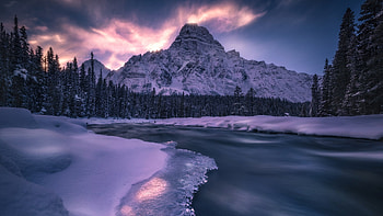 Frozen River Water Snow Covered Trees Mountains Under Blue Sky During Nighttime Winter HD wallpaper