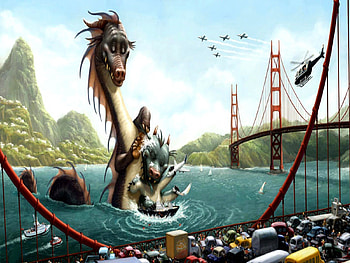 Bath Time, dragons, bath, fantasy, cars, golden gate, chopper HD wallpaper