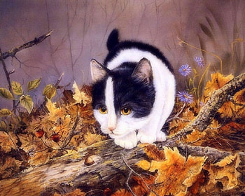 Little Hunter, kitten, fall, cats, paintings, love four seasons, leaves, animals, autumn, draw and paint HD wallpaper