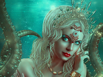 Sea creature, face, girl, vara, siren, blue, ekta creation, mermaid, art, jewel, summer, fantasy, octopus HD wallpaper