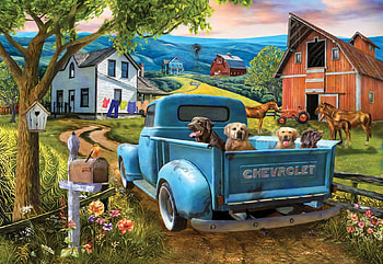 Joy Ride, car, trees, dogs, flowers, houses, birds, barns, artwork, horses, painting HD wallpaper