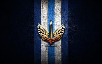 St Louis BattleHawks, golden logo, XLS, blue metal background, american football team, St Louis BattleHawks logo, american football HD wallpaper
