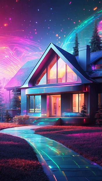 Futuristic Neon House, cosmic, landscape, Digital Art HD phone wallpaper