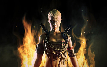 Fantasy warrior, blond, fire, art, woman HD wallpaper