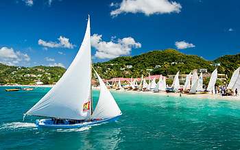 Caribbean tropical islands, Sailboats, Flag of Grenada, Beach HD wallpaper