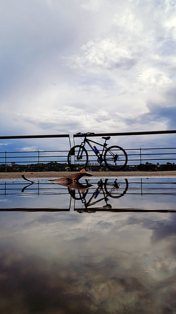 of bike in the city, sunlight, bike, reflection, puddle, city HD phone wallpaper