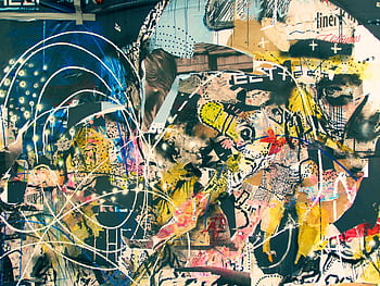 Dynamic collage featuring colorful graffiti and mixed media elements on an urban wall. HD wallpaper