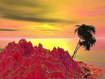3df .jpg, mountin, ocean, sunset, palmtrees HD wallpaper