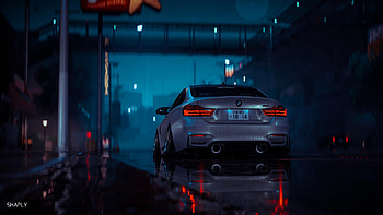 Artwork, car, gray, wet weather, night HD wallpaper