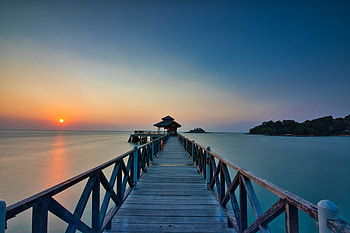 Wooden bridge, pier, sunset, beach HD wallpaper