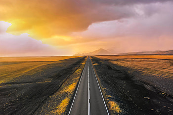 Sunset, aerial view, clam road among landscape HD wallpaper