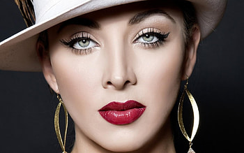 Beautiful woman, green, red, eyes, lips, beautiful, hat, woman HD wallpaper