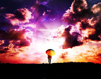 Clouds, Miscellanea, Miscellaneous, Multicolored, Motley, Human, Person, hop, Umbrella HD wallpaper